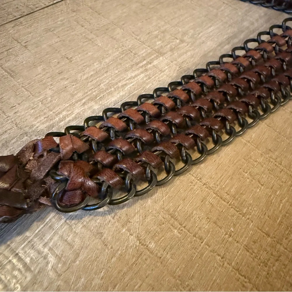 VTG brown leather brass Chain Belt hook closure estimated S M boho western